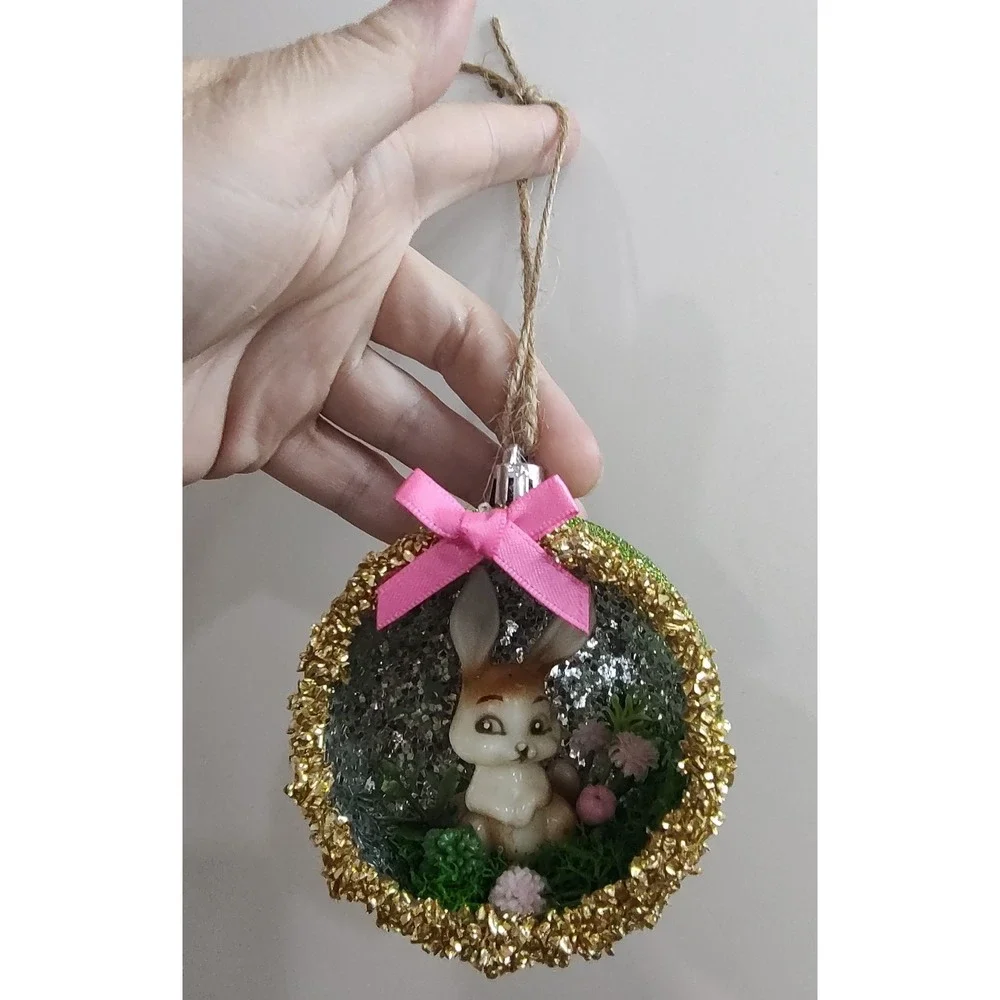 Bunny Rabbit Christmas Ornament Handmade Vtg Style OOAK Shatterproof Diorama